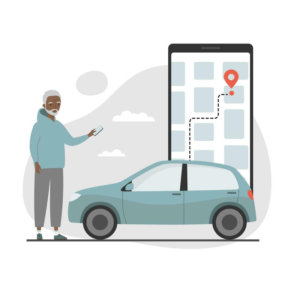 mayor hombre con teléfono inteligente ordenando coche en móvil solicitud. auto compartido servicio. plano dibujos animados estilo vector