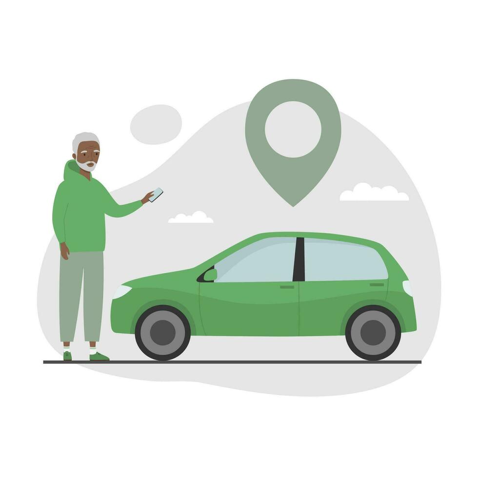 mayor hombre con teléfono inteligente ordenando coche en móvil solicitud. auto compartido servicio. plano dibujos animados estilo vector