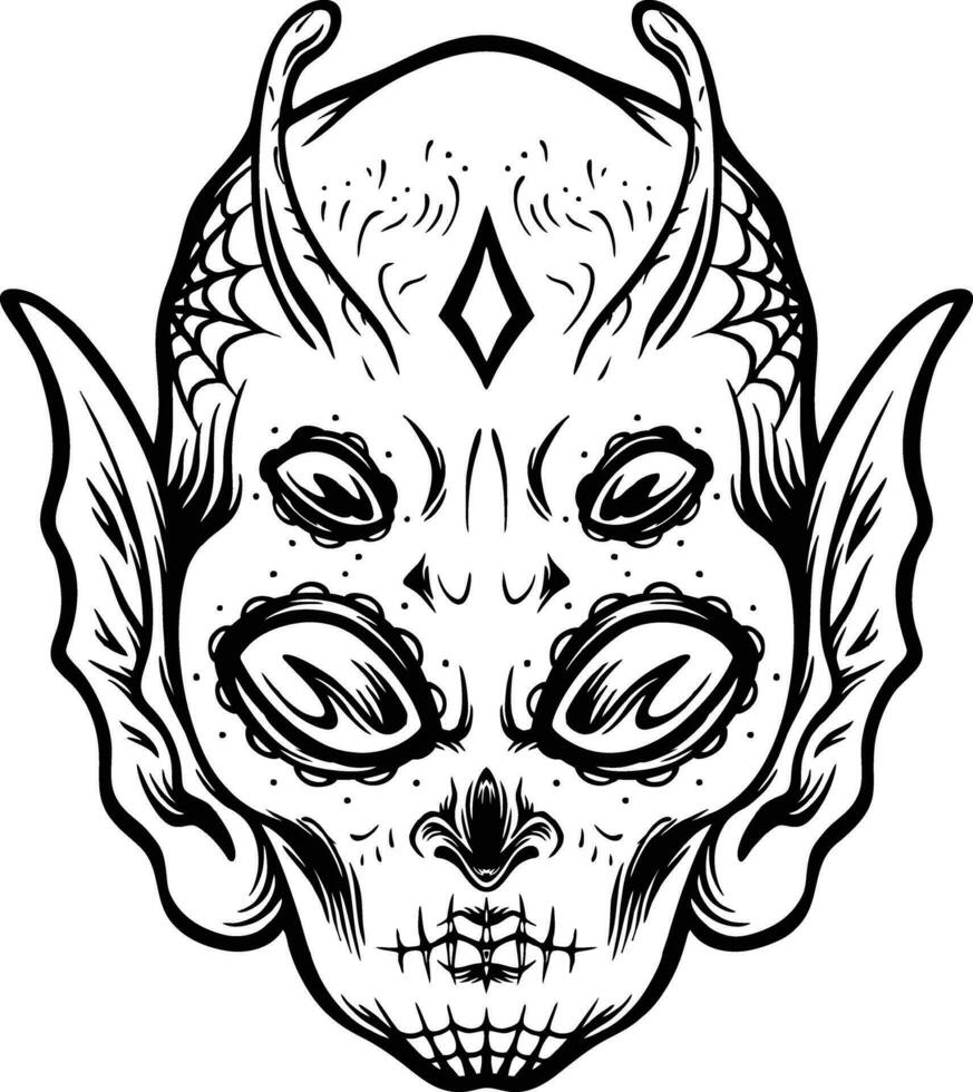 Otherworldly charm alien head with four eyes monochrome vector illustrations for your work logo, merchandise t-shirt, stickers and label designs, poster, greeting cards advertising business company