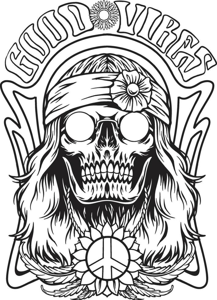 Skull head hippie bohemian style good vibes illustrations silhouette vector illustrations for your work logo, merchandise t-shirt, stickers and label designs, poster, greeting cards advertising