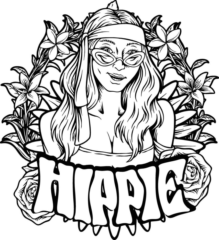 boho hippie niña sonriente floral marco ilustraciones monocromo vector ilustraciones para tu trabajo logo, mercancías camiseta, pegatinas y etiqueta diseños, póster, saludo tarjetas publicidad