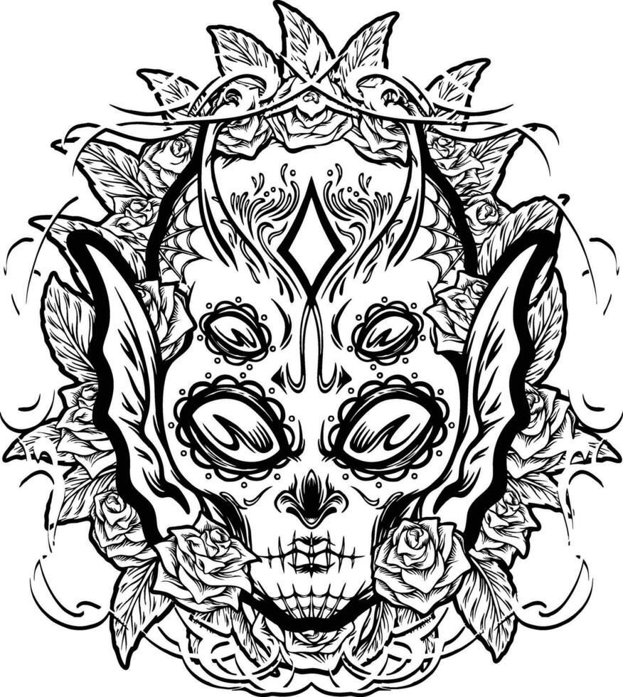 Sugar skull alien head botanical flower frame illustrations monochrome  for your work logo, merchandise t-shirt, stickers and label designs, poster, greeting cards advertising business company vector