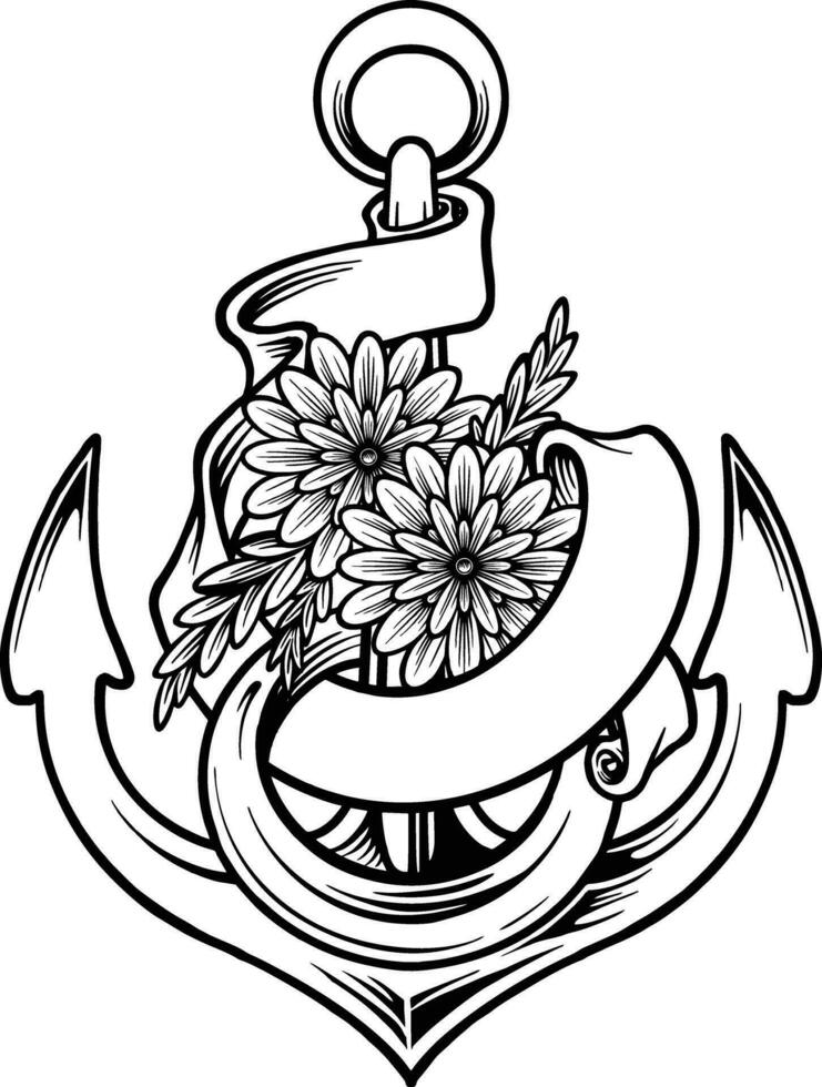 Seaside elegance nautical inspired floral wreath monochrome vector illustrations for your work logo, merchandise t-shirt, stickers and label designs, poster, greeting cards advertising business