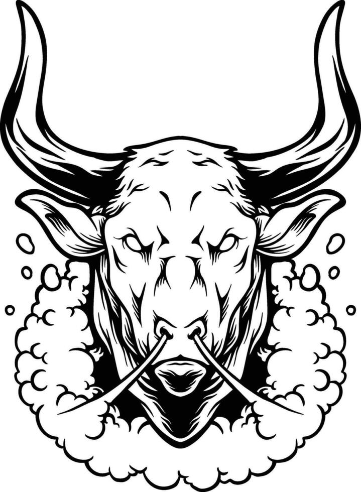 Zombie bull head exhaling smoke logo illustrations monochrome vector illustrations for your work logo, merchandise t-shirt, stickers and label designs, poster, greeting cards advertising business