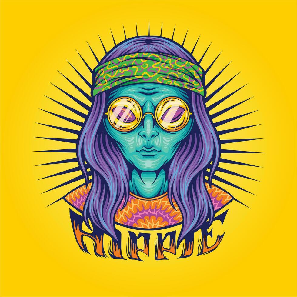 Hippie alien science fiction bohemian fashion vector illustrations for your work logo, merchandise t-shirt, stickers and label designs, poster, greeting cards advertising business company