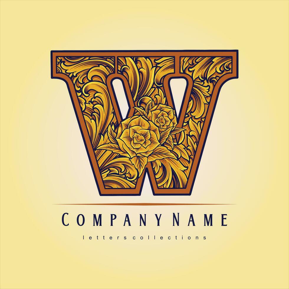 Flower engraved ornament monogram letter capital W vector illustrations for your work logo, merchandise t-shirt, stickers and label designs, poster, greeting cards advertising business company