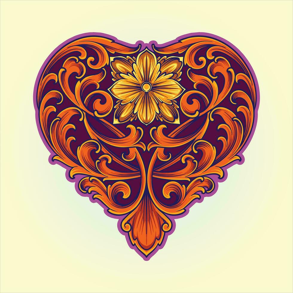 Intricate engraving petals ornament heart shape vector illustrations for your work logo, merchandise t-shirt, stickers and label designs, poster, greeting cards advertising business company