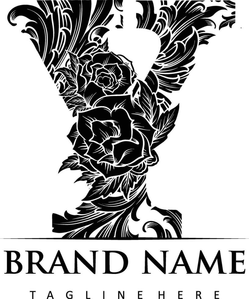 Vintage engraving monogram letter y floral elegant ornament monochrome vector illustrations for your work logo, merchandise t-shirt, stickers and label designs, poster, greeting cards advertising