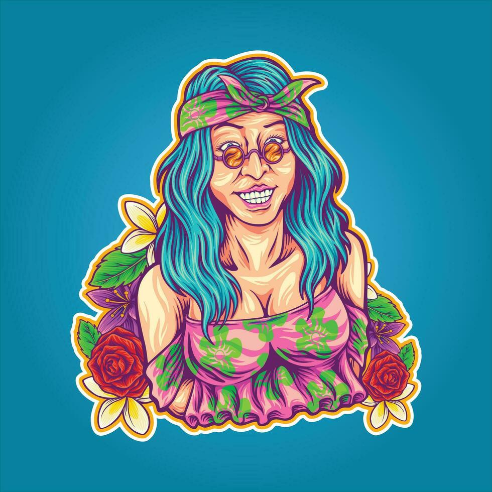 sonriente hippie niña con bohemio estilo flor poder ilustraciones vector ilustraciones para tu trabajo logo, mercancías camiseta, pegatinas y etiqueta diseños, póster, saludo tarjetas publicidad