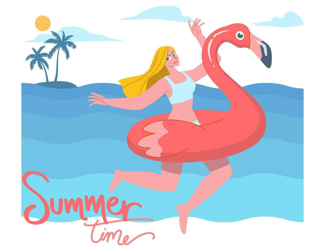 dejar el verano comenzar. joven mujer paseo en inflable flamenco en el mar, teniendo divertido y refrescante en un caliente verano día. vector diseño ilustración.