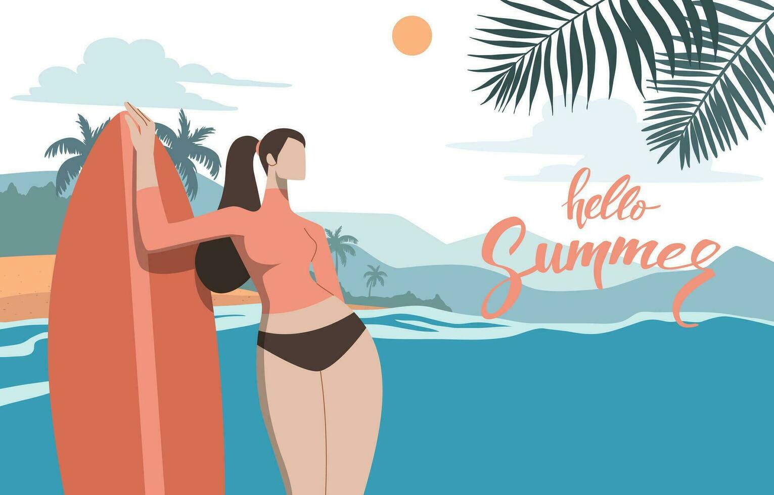 Young woman in swimming suit standing with surfboard on the beach. Vector design illustration.