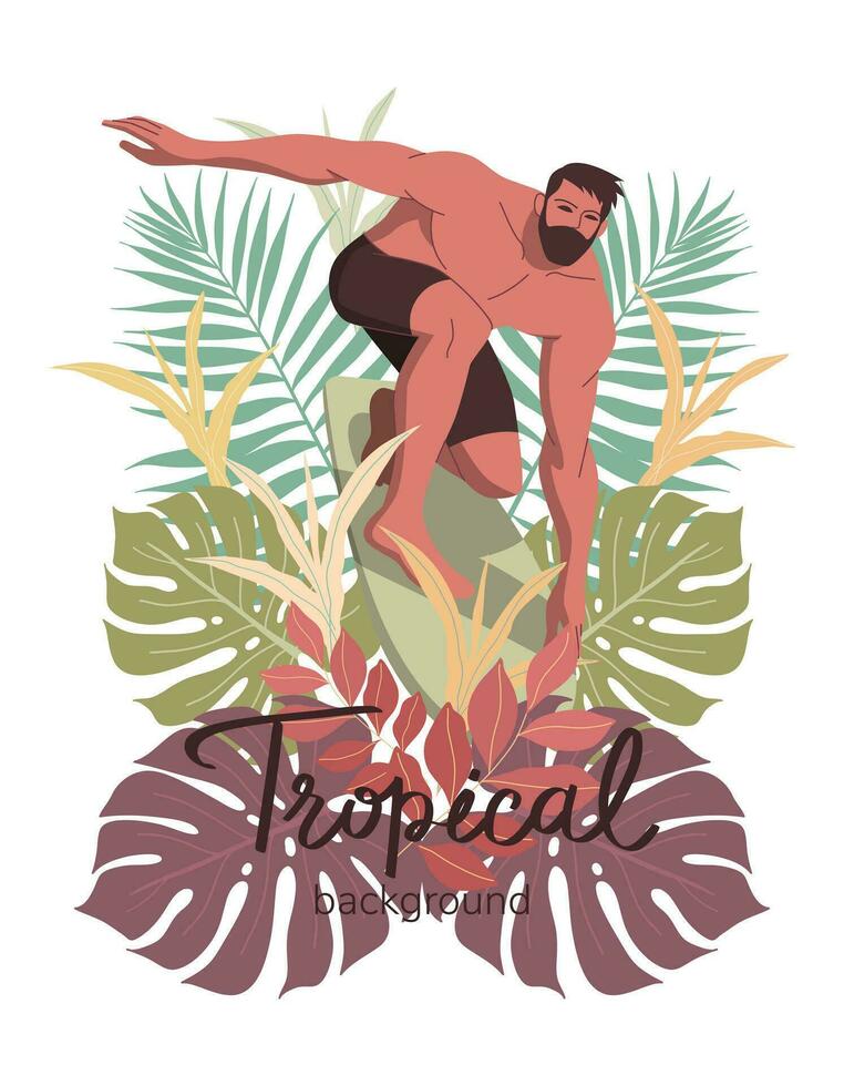 joven hombre en traje de baño paseo tabla de surf en vistoso tropical hojas verano, modelo con sitio para bandera, texto. vector diseño ilustración.