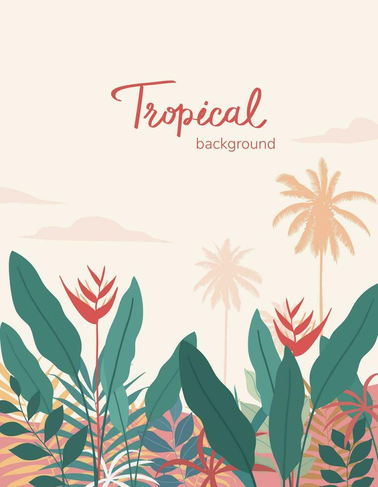 Colorful tropical leaves, foliage plant and flower with frame nature, Template with place for text, lettering. Vector design illustration.