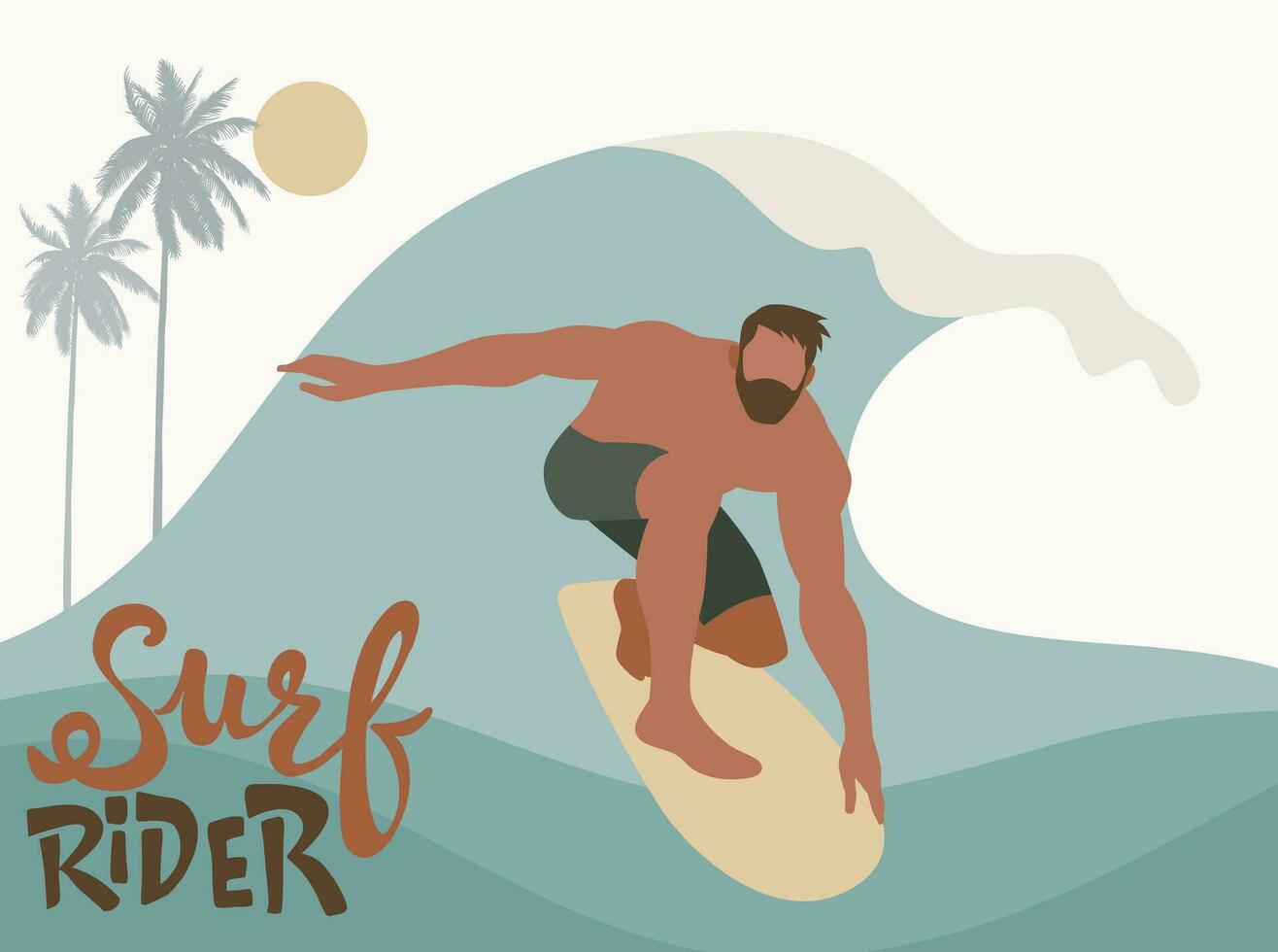 Young surf man in swimwear and big wave in sea or ocean on white background, Happy surfers in beachwear with surfboards isolated. Vector design illustration.