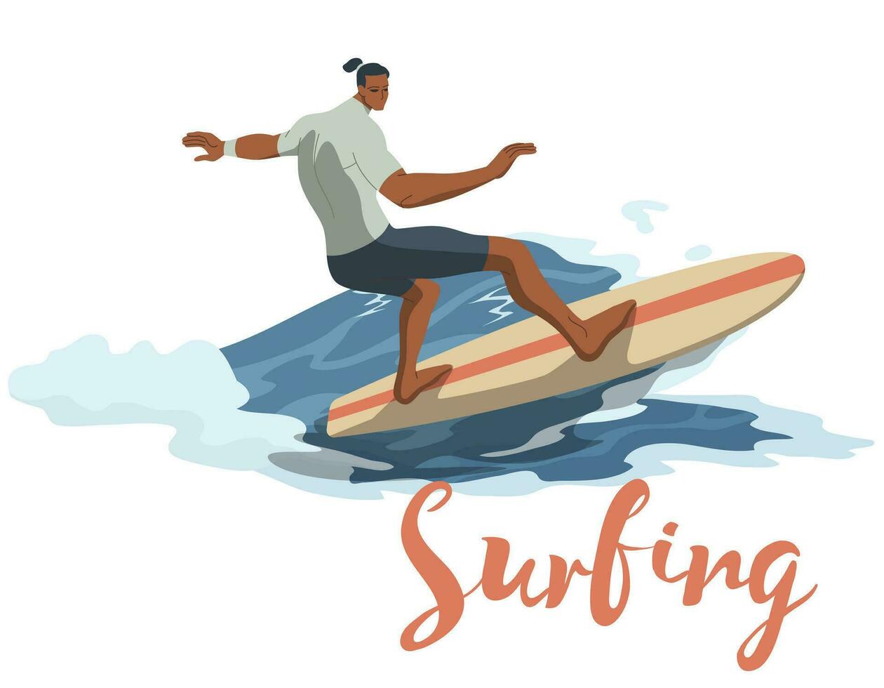 Young man in swimwear surfing and big wave in sea or ocean. Happy surfers in beachwear with surfboards isolated on beach background. vector
