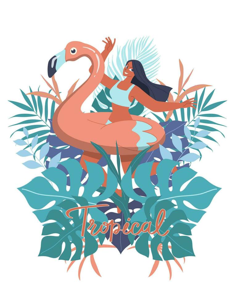 contento verano joven mujer en traje de baño en inflable flamenco en vistoso tropical hojas verano, modelo con sitio para bandera, texto. vector diseño ilustración.