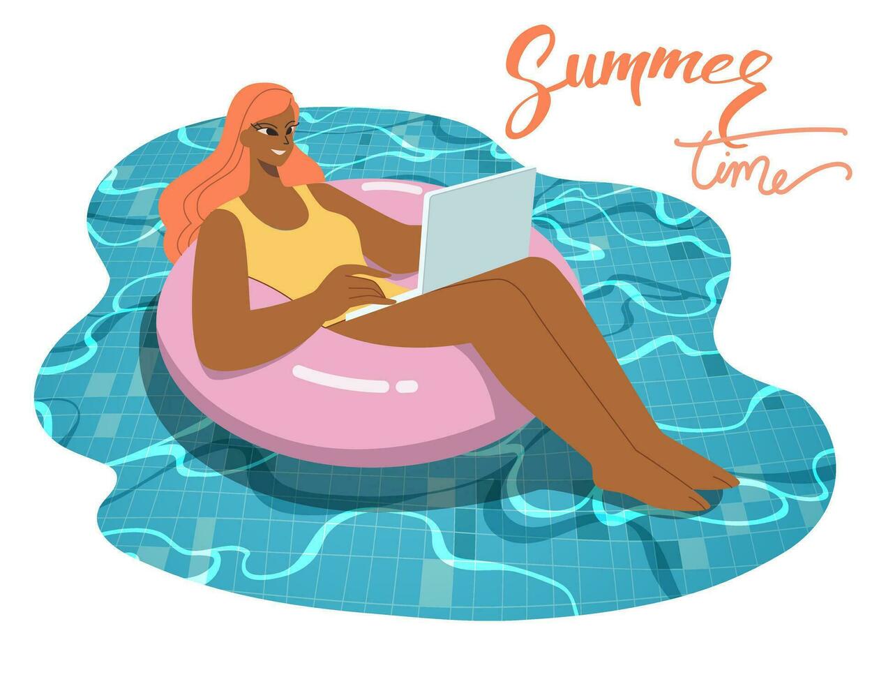 Happy summer young woman in swimsuit working with laptop on inflatable ring in the sea or ocean. Vector design illustration.