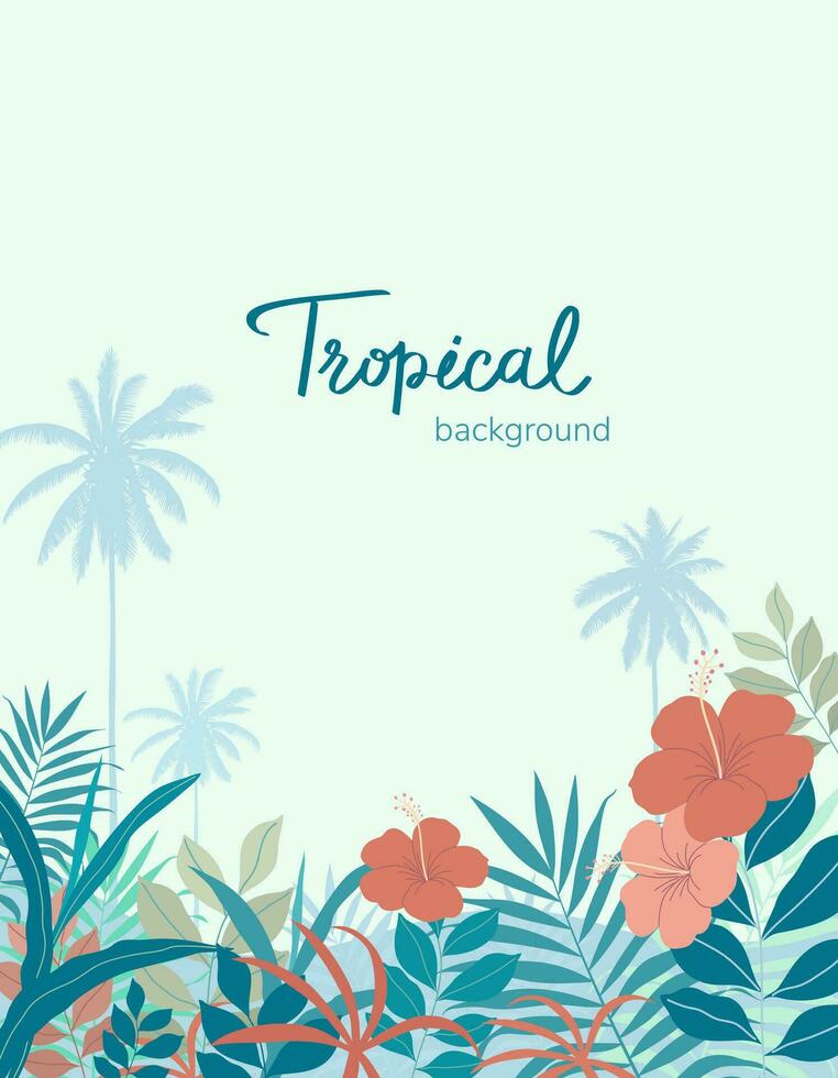 Colorful tropical leaves, foliage plant and flower with frame nature, Template with place for text, lettering. Vector design illustration.