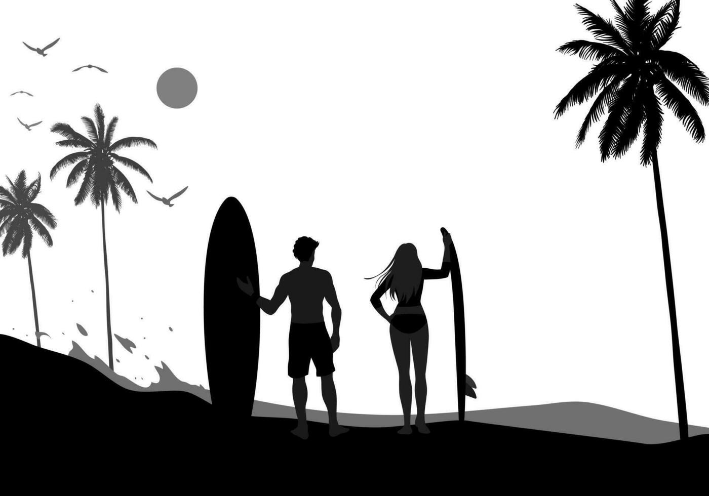 Silhouettes of young men and women surfing in swimsuits with surfboards on the beach with strong waves, and on a white background. Vector design illustration.