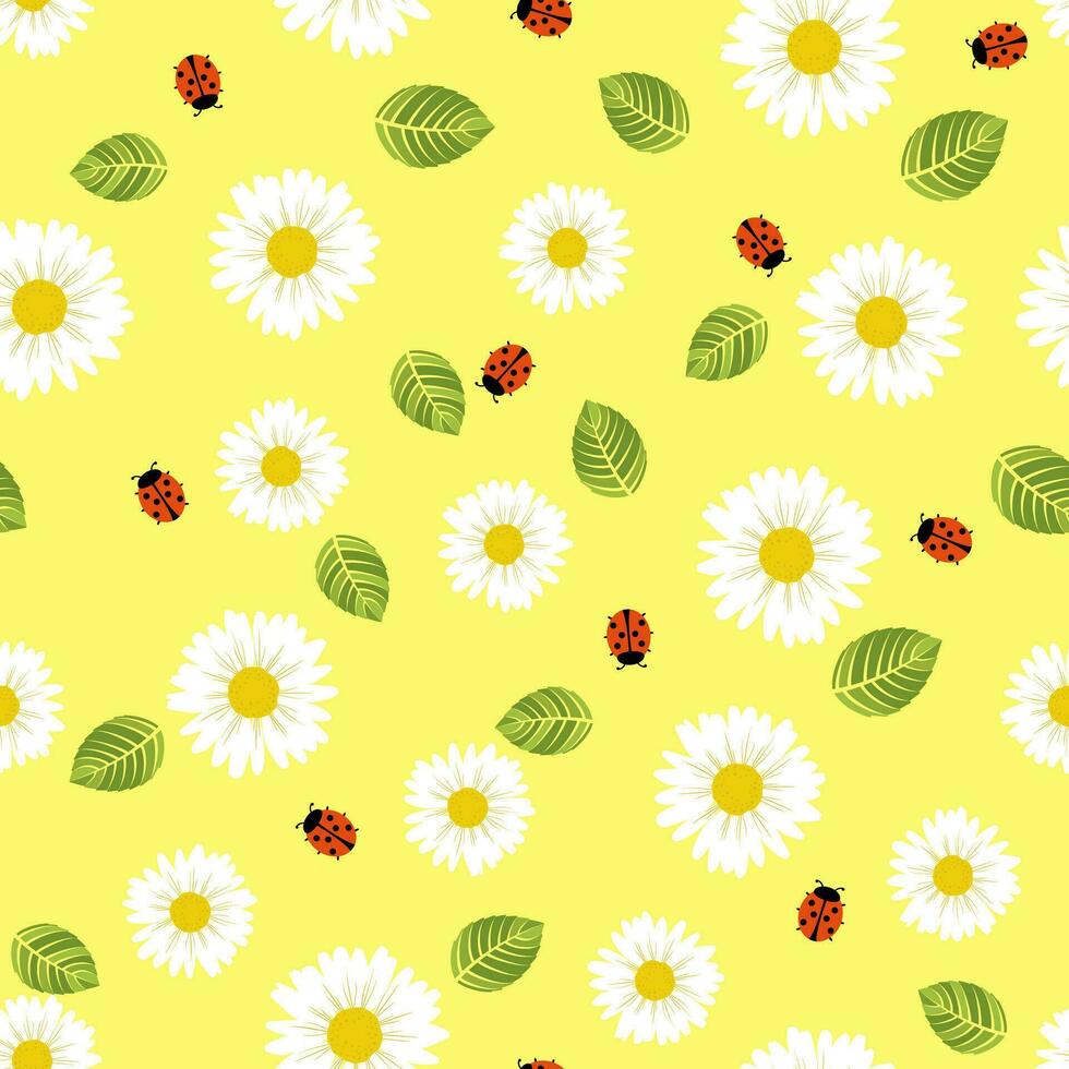 Chamomile flowers, leaves and ladybugs seamless pattern. Simple spring pattern for fabric and wrapping paper. vector