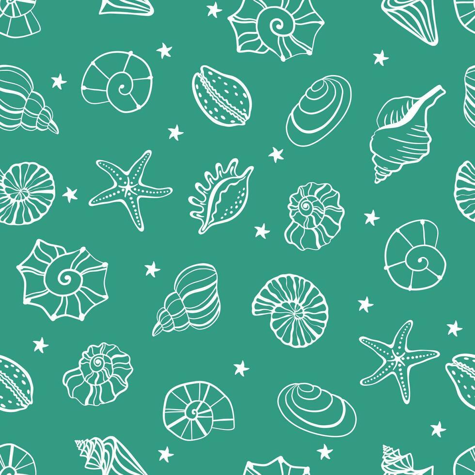 Seamless vector pattern of sea shells and sea stars painted by hand.