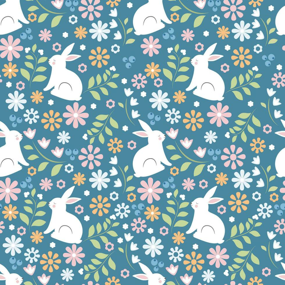 Seamless vector pattern with cute white rabbits on a floral background. Perfect for textiles, wallpaper or prints.