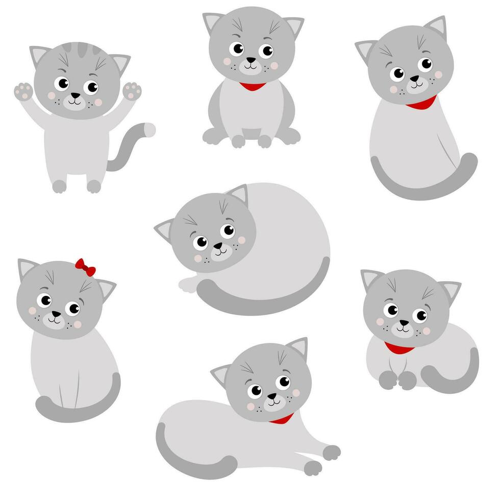 Set of cute cartoon cats. Vector illustration is isolated on a white background.