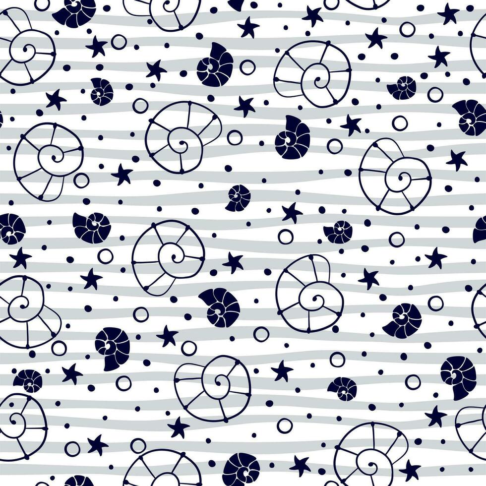 Seamless vector pattern with sea shells and stars on strip background. Print for fabric, web