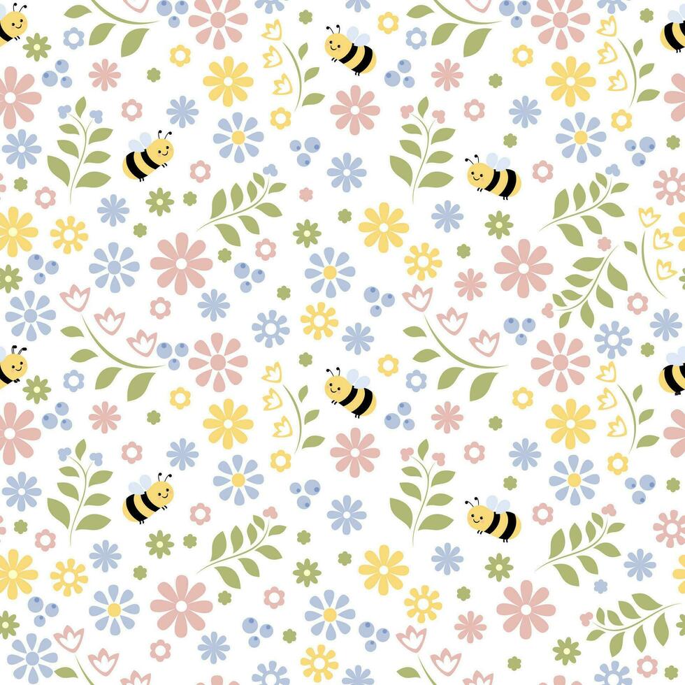 Cute hand drawn spring summer flowers and bees. Seamless floral pattern. Fabric design with simple flowers. Bright repeated pattern fabric cloth wallpaper wrap paper. vector