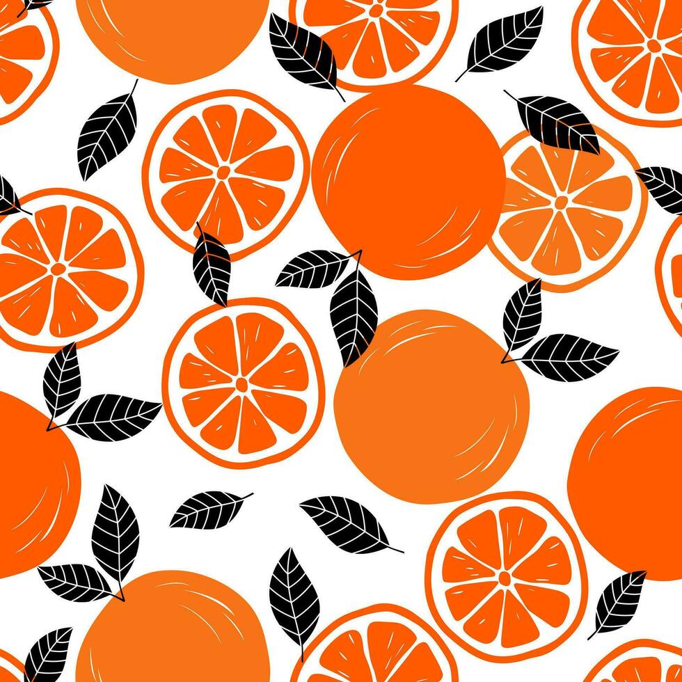 naranja sin costura modelo. maduro naranja y naranja rebanada en blanco antecedentes. lata ser usado para fondo de pantalla, tela, envase papel o decoración. vector