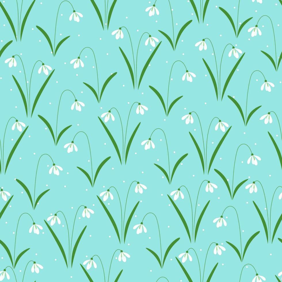 Snowdrops flower on blue background hand drawn vector seamless pattern. Easter spring design