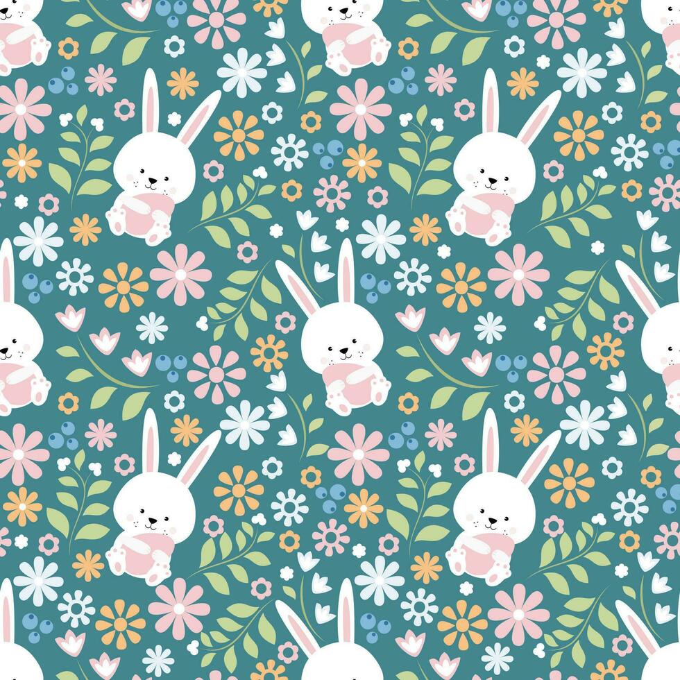 Colourful pattern with decorative eggs, bunnies and flowers. Easter background. Vector