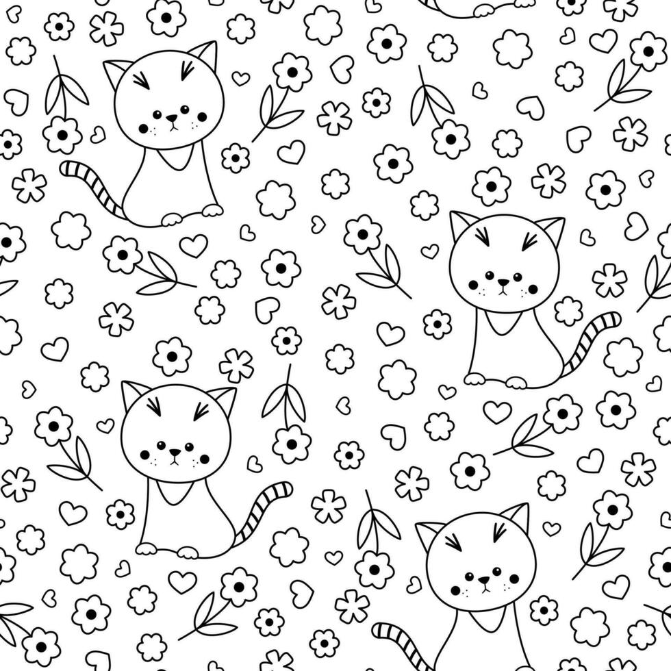 Cute cats and flowers black and white seamless pattern. Great for coloring page, prints, backgrounds, textile and fabric. Vector illustration