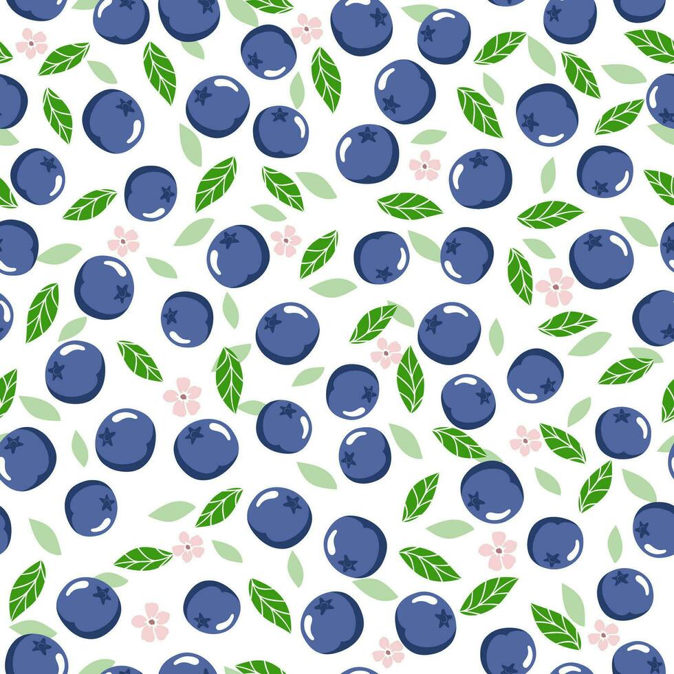 Seamless pattern with purple berry. Blueberry, leaf and pink flowers print. Vector graphics.