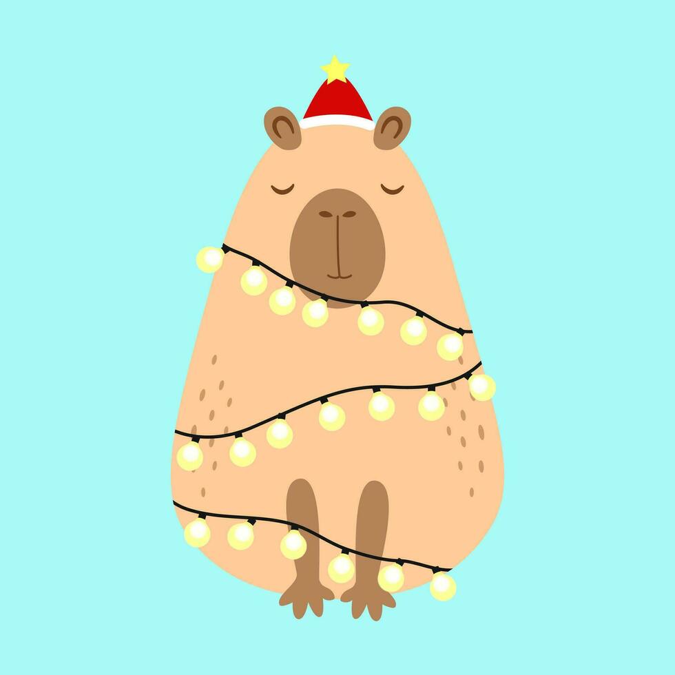 Merry Christmas greeting card. Cute cartoon capybara with light bulbs vector