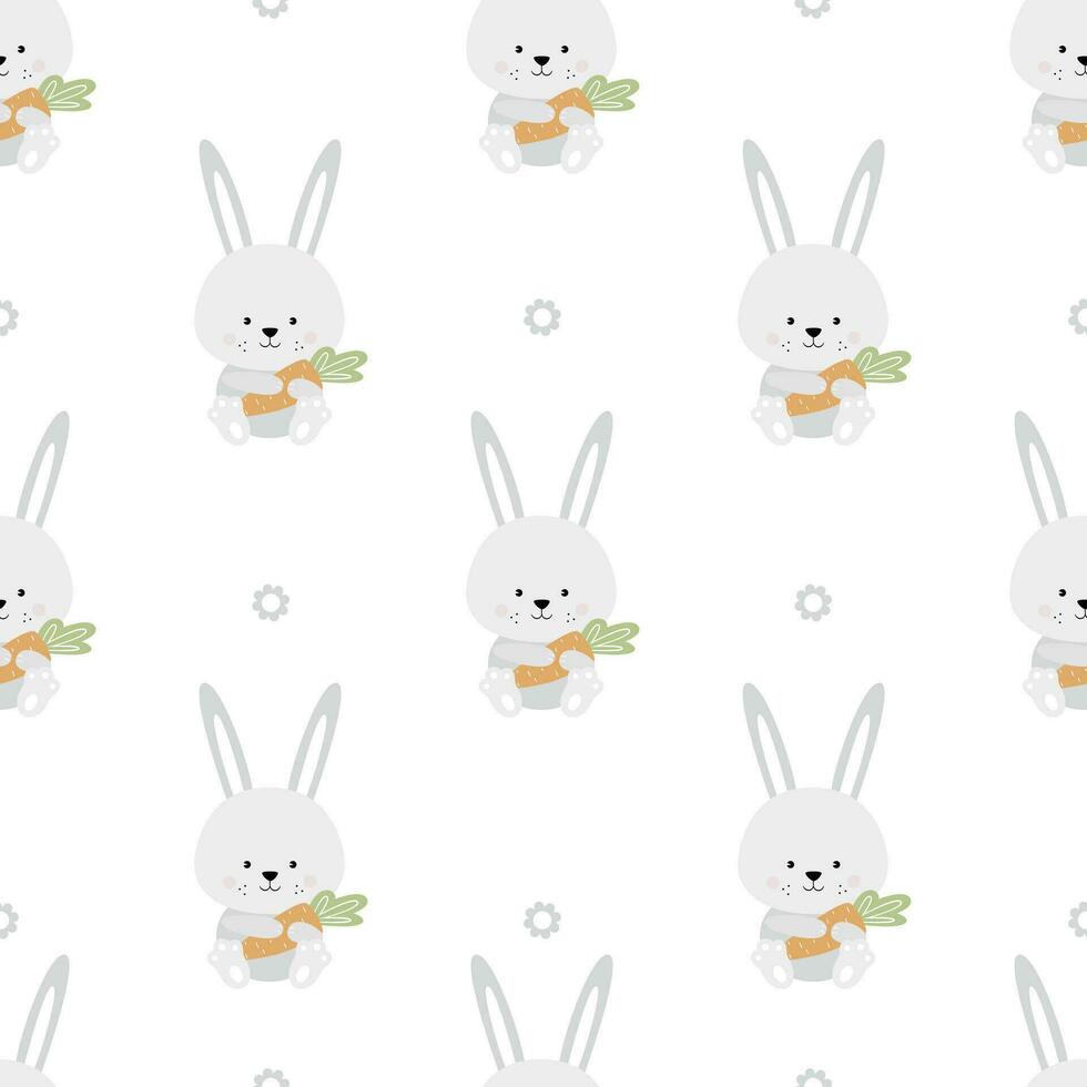 Cute bunnies with carrots and flowers. Childish pattern with rabbits and carrots. Print for newborn girl or boy. vector
