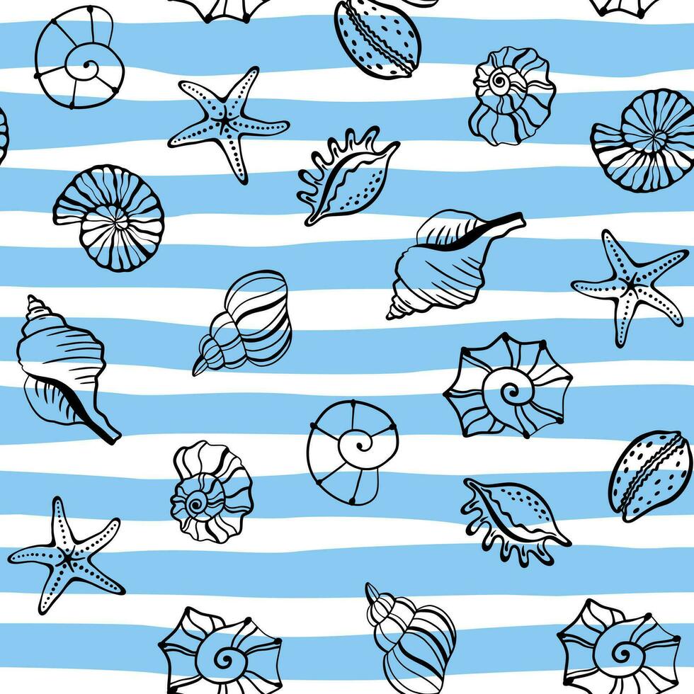 Seamless vector pattern with sea shells and sea stars on strip background. Marine seamless pattern