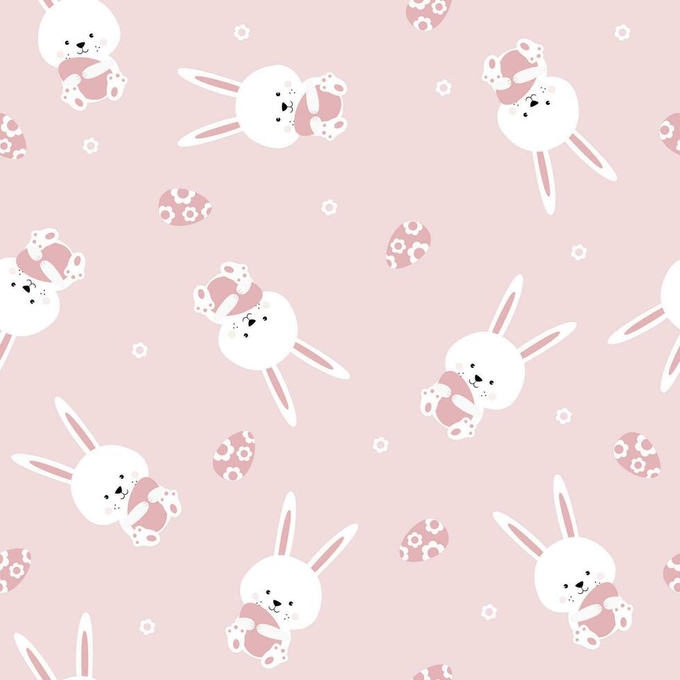 Seamless pattern with Easter rabbits and eggs. Cute kawaii bunnies and easter eggs vector