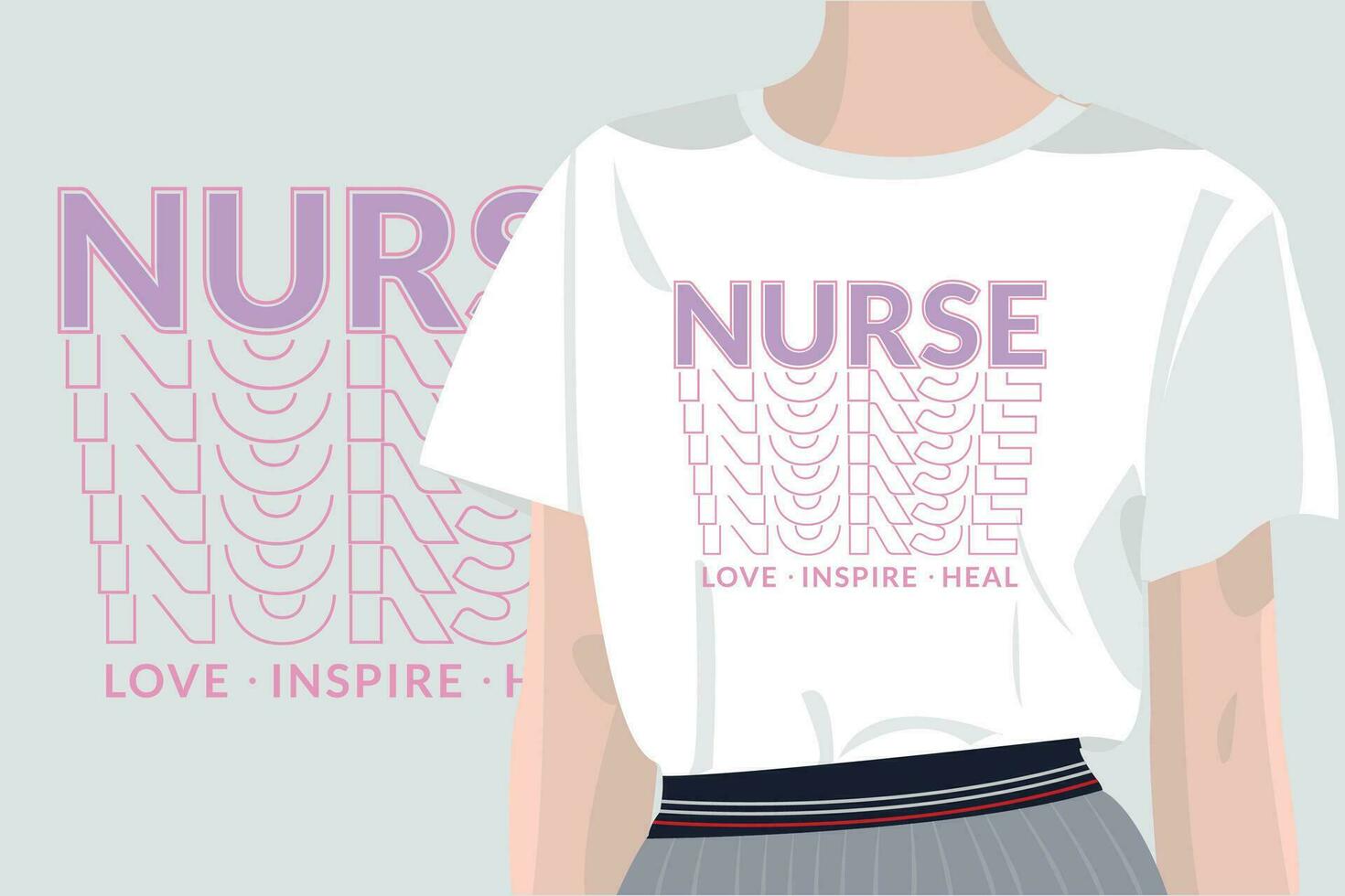 nurse love inspire heal nurse quote design for t-shirts, tote bags, cards, frame artwork, phone cases, mugs, tumblers, prints, etc with women t shirt mockup. vector