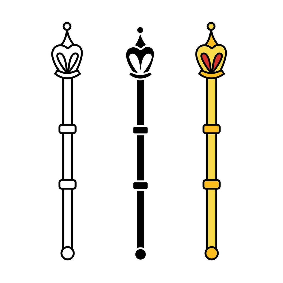 Three Fantasy kingdom kings golden yellow stuff vector icon silhouette set isolated on square white background. Simple flat minimalist cartoon art styled drawing.