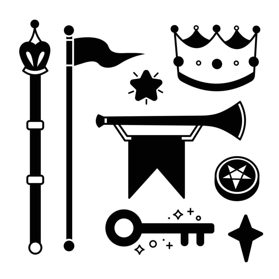 Black and white kingdom fantasy vector icon set collection silhouette isolated on square white background. Simple flat monochrome minimalist cartoon art styled drawing.