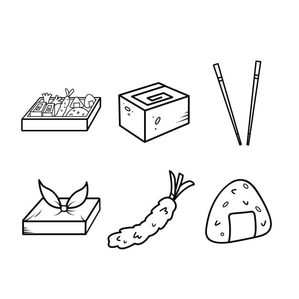 Bento or lunchbox outline only vector icon set collection isolated on square white background. Simple flat minimalist cartoon art styled food drawing. Yummy food icon.