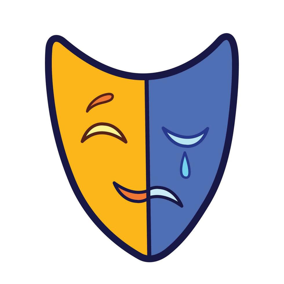 Colored yellow orange and blue performance expression half happy and sad vector icon illustration isolated on square white background. Simple flat outlined minimalist cartoon art styled drawing.