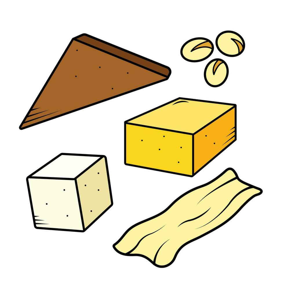 Colored white tofu cube, triangle sweet tofu, yellow tofu skin icon vector set illustration isolated on square white background. Simple flat minimalist outlined cartoon art style food drawing.