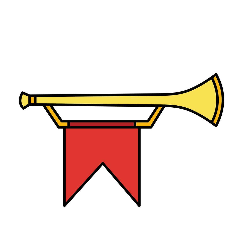 Colored yellow or golden kingdom fantasy trumpet vector icon with outline isolated on square white background. Simple flat minimalist cartoon art styled drawing.