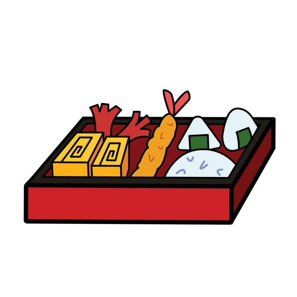 Colored simple bento lunchbox vector icon illustration isolated on square white background. Simple flat minimalist cartoon art styled food drawing.