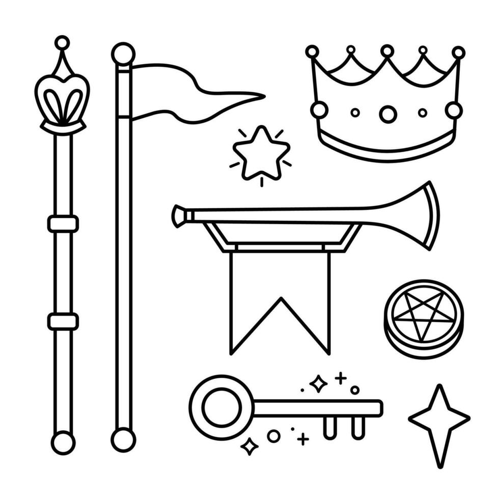 Kingdom fantasy themed vector icon set illustration isolated on square white background. Simple flat minimalist cartoon monochrome art styled drawing.