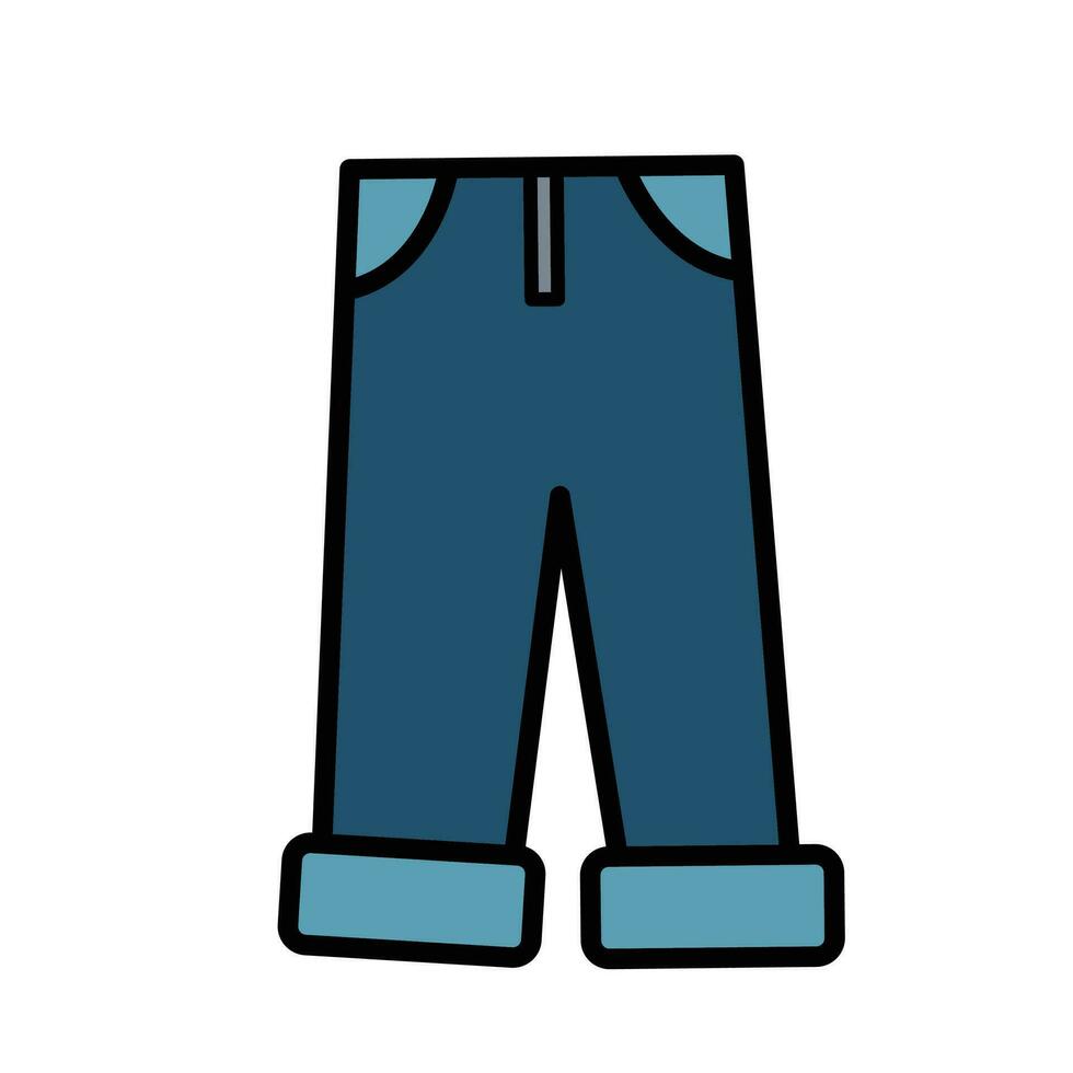 Long pants blue jeans with pockets and zipper colored vector icon illustration isolated on square white background. Simple flat cartoon outlined drawing.