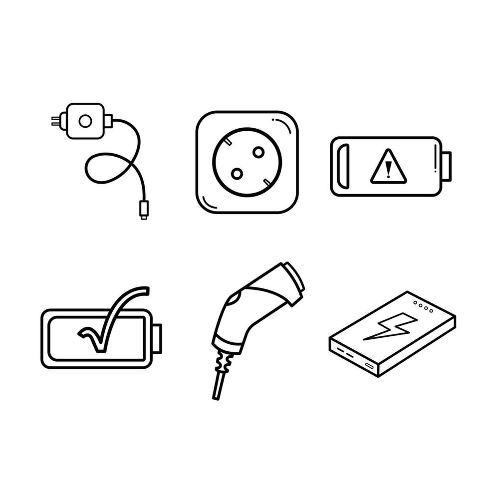 Charging or energy battery themed vector icon illustration isolated on square white background. Simple flat outlined minimalist sign icon drawing with technology power theme.