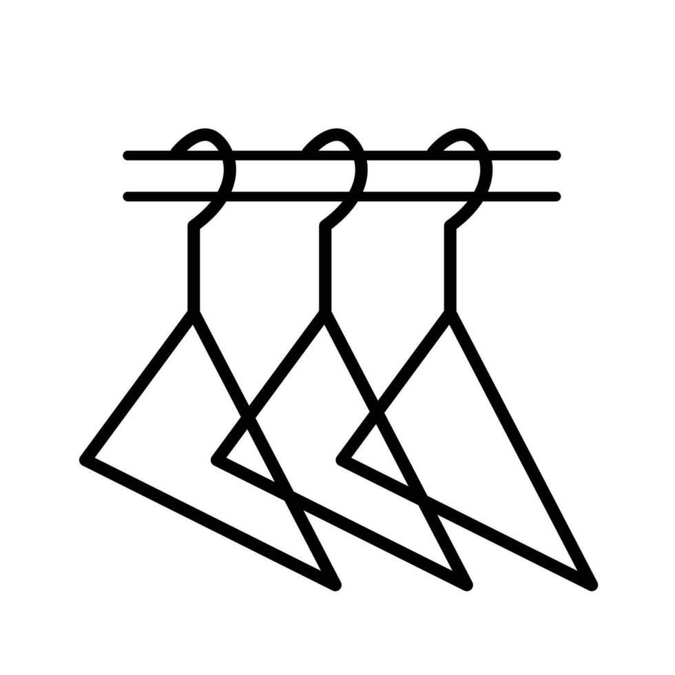 Three hanging hanger hooked on pole inside wardrobe outline vector icon isolated on square white background. Simple flat cartoon outlined drawing.